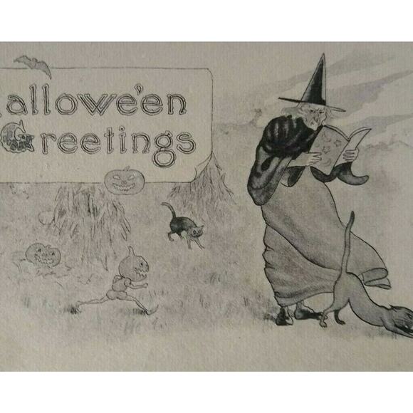 Halloween Postcard Fantasy Running Goblins Witch Black Cat Hay Barton & Spooner - Picture 1 of 5